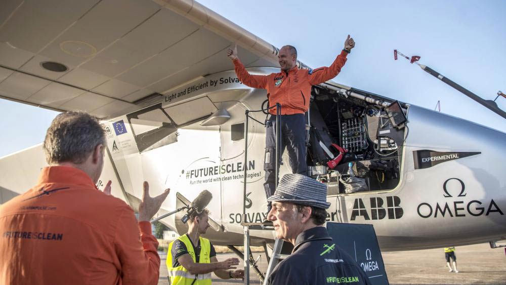 Bertrand Piccard celebrates at Sevilla airport after a 70-hour journey from New York. Photo Credit: Solar Impulse