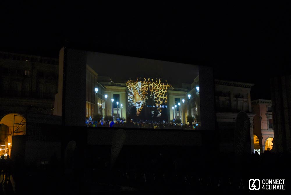 Fiat Lux projected on the biggest outdoor screen in Europe powered by solar energy set up at Piazza Maggiore, Bologna.