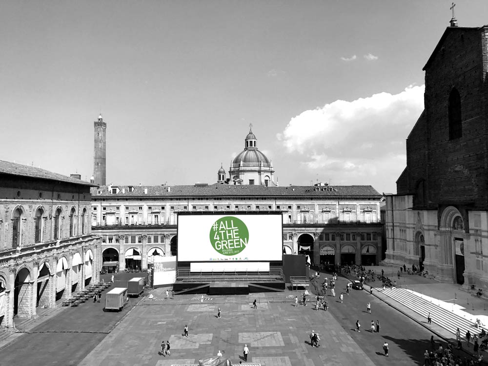 A sun-powered big screen at Piazza Maggiore.