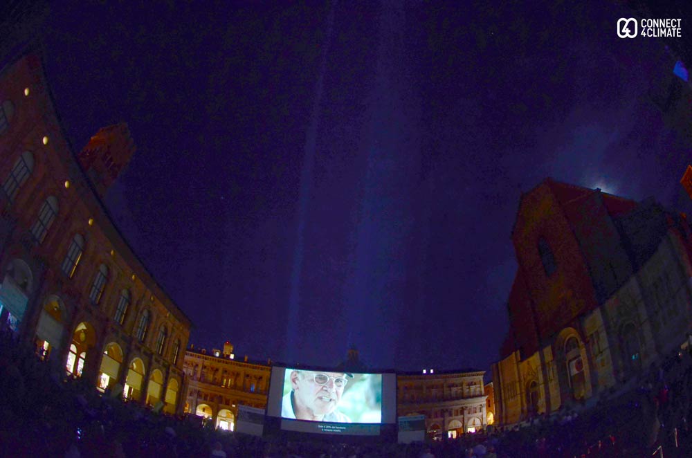 Europe’s biggest open-air cinema screen powered by solar energy has been set up at Piazza Maggiore in Bologna. Photo Credits: Max Thabiso Edkins/Connect4Climate