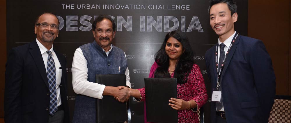 Shri.KJ George Hon’ble Minister for Bengaluru Development & Town Planning and Ms. Aditi Mody, Executive Director, University of Chicago Trust after the signing of MoU that marked the launch of the Bengaluru Innovation Challenge. Photo Credits: University of Chicago, India - EPIC-India
