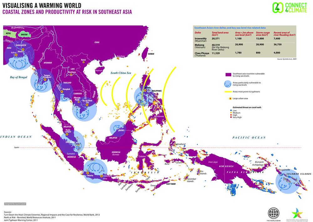 The Southeast Asia map showcases coastal vulnerabilities and how marine productivity, in particular from coral reefs, is threatened by climate change.