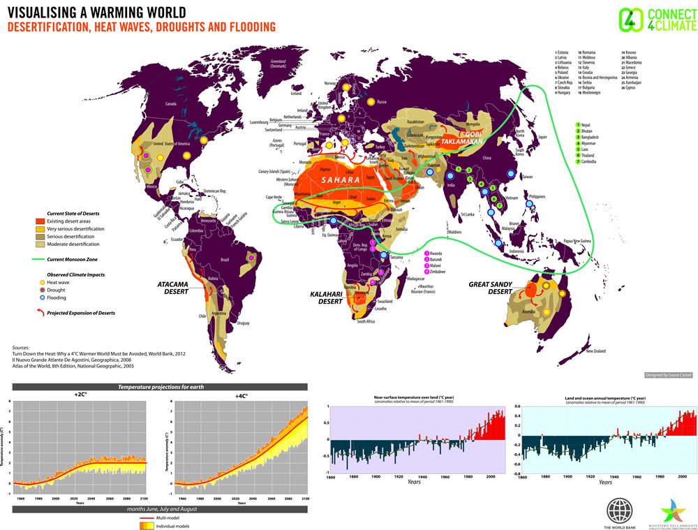 Italian artist Laura Canali's map illustrates current impacts from climate change, including heat waves, droughts, flooding and desertification around the globe.