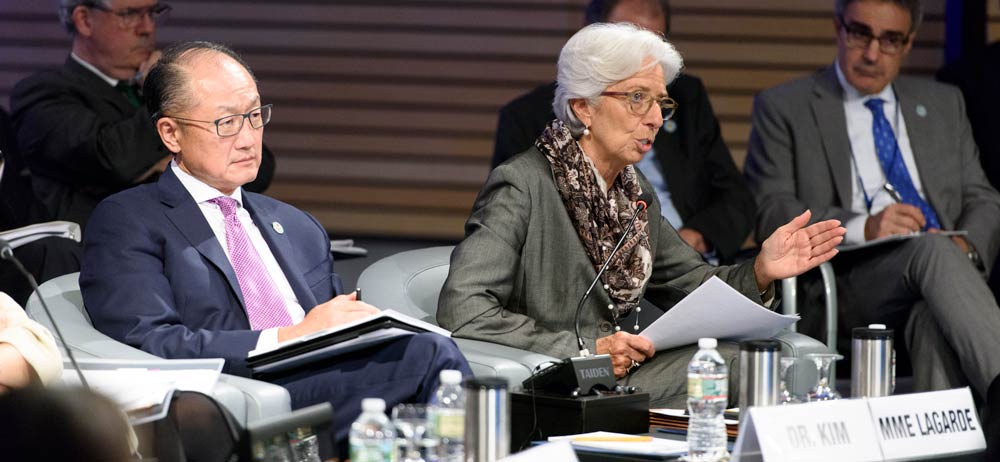 World Bank Group President Jim Yong Kim and International Monetary Fund Managing Director Christine Lagarde (speaking). Photo: World Bank / Grant Ellis