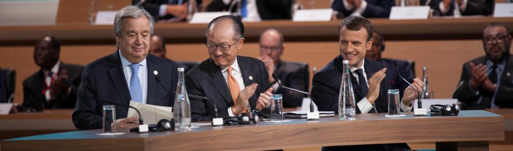 President Emmanuel Macron of France, United Nations Secretary General António Guterres, and World Bank Group President Jim Yong Kim, the World Bank Group. Photo Credits: Ibrahim Ajaja / World Bank