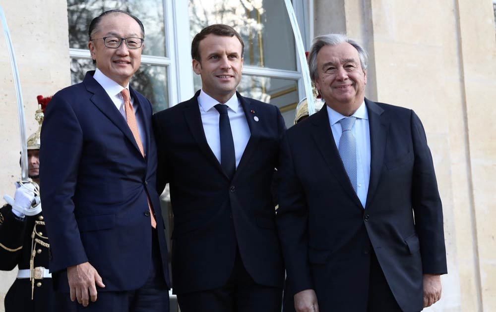 French President Emmanuel Macron, World Bank President Jim Yong Kim and UN Secretary-General António Guterres 