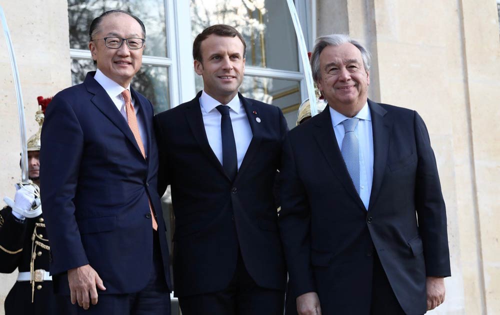 French President Emmanuel Macron, World Bank President Jim Yong Kim and UN Secretary-General António Guterres 