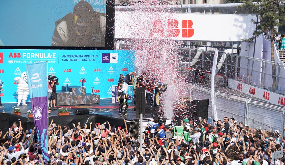 Santiago E Prix Winner Jean-Éric Vergne celebrates his victory. Photo Credit: Max Thabiso Edkins / Connect4Climate