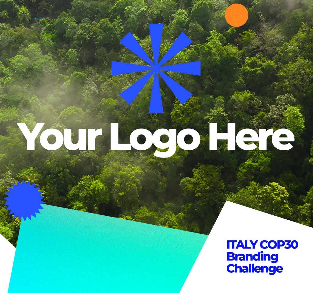 A "Your Logo Here" promotion for the Italy COP30 Branding Challenge. Forest imagery appears in the background.