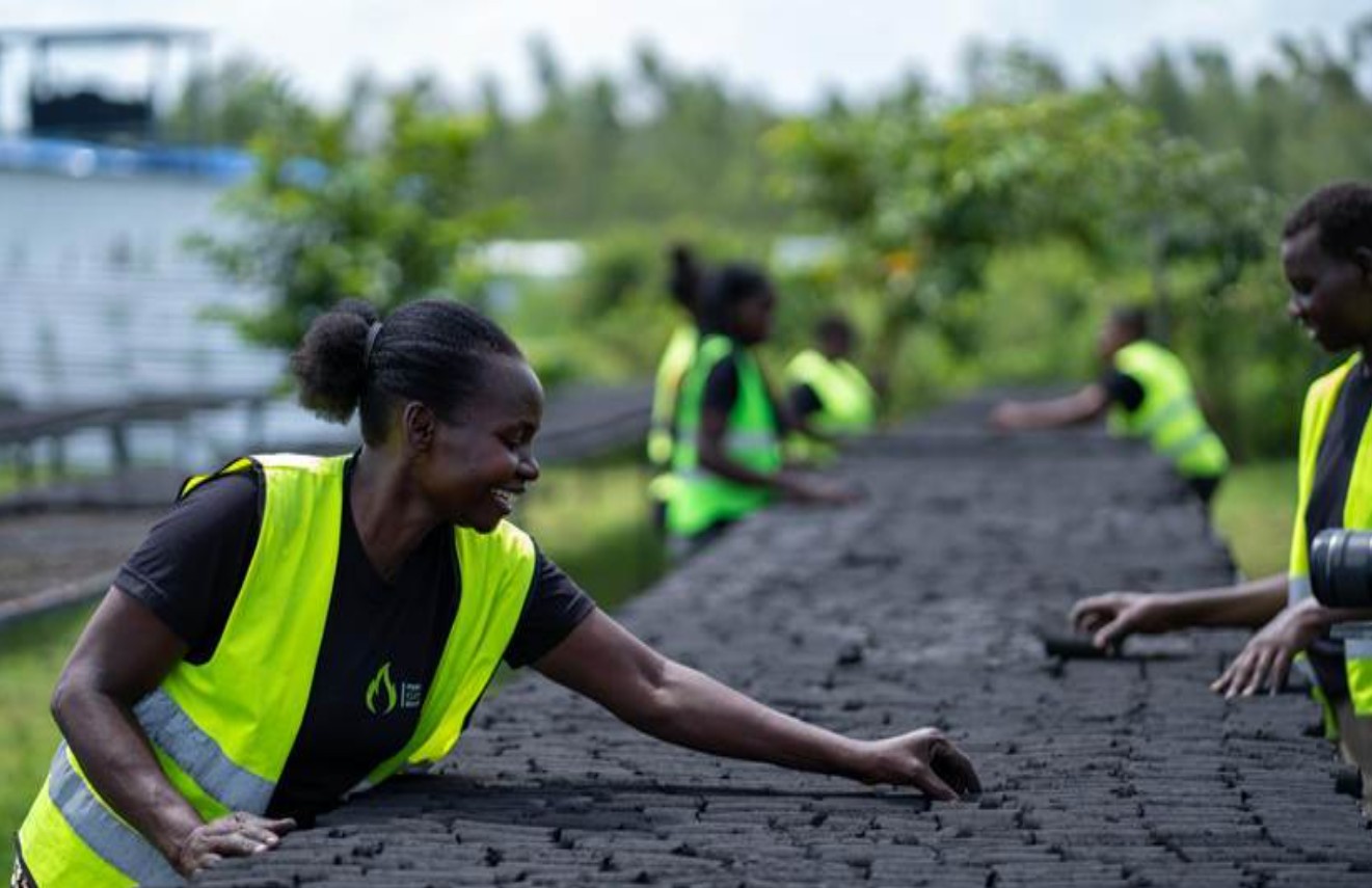 Smiling workers in high-vis vests place briquettes out to dry in long lines.