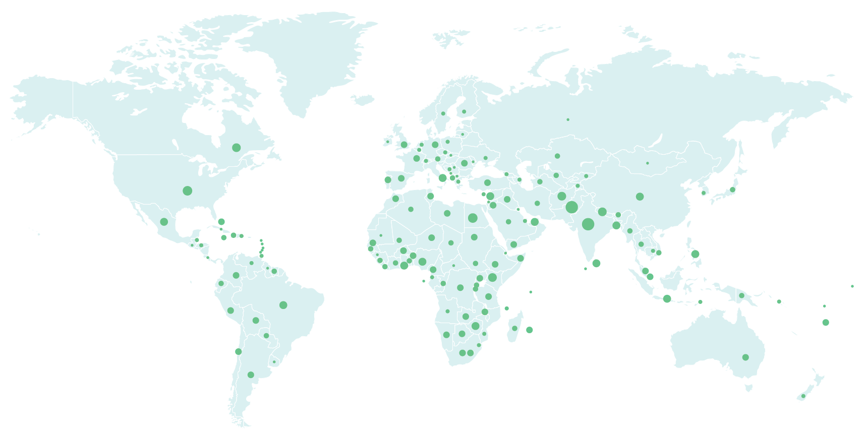 A map of the world covered with green dots of varying sizes. Africa, Europe, and South Asia are especially dense with dots.